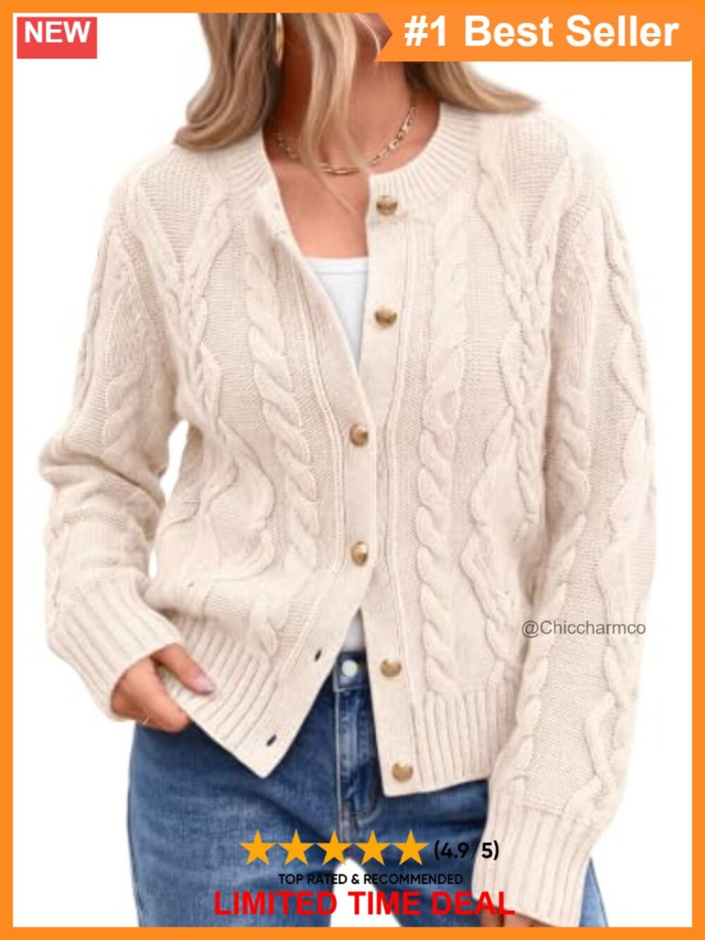 Cable Knit Cardigan Sweater Cotton Acrylic Chunky Crew Neck Women